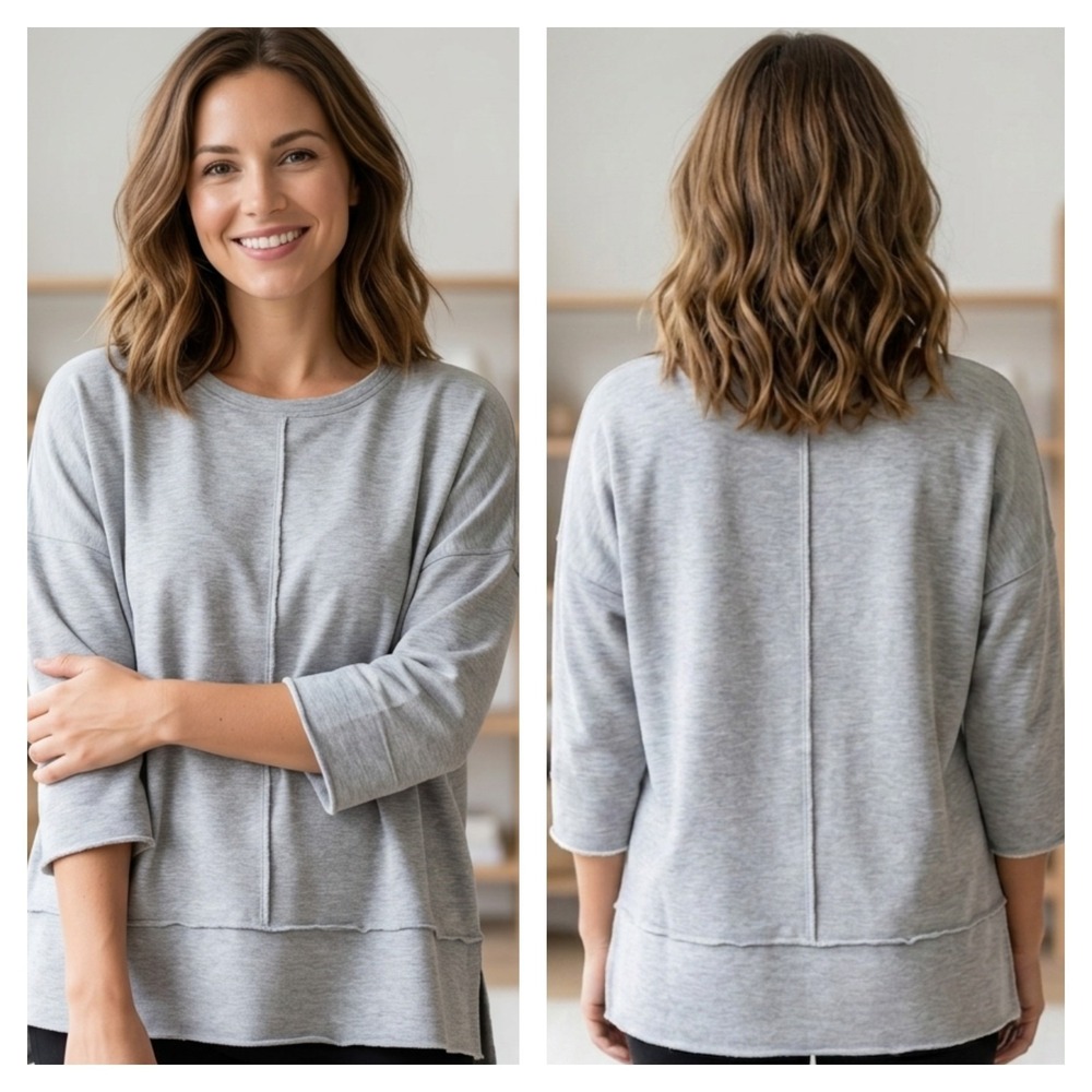 Spanx Perfect Length Blouse‎ Top Womens 1X Gray Dolman Sleeve Crew Neck Stretch